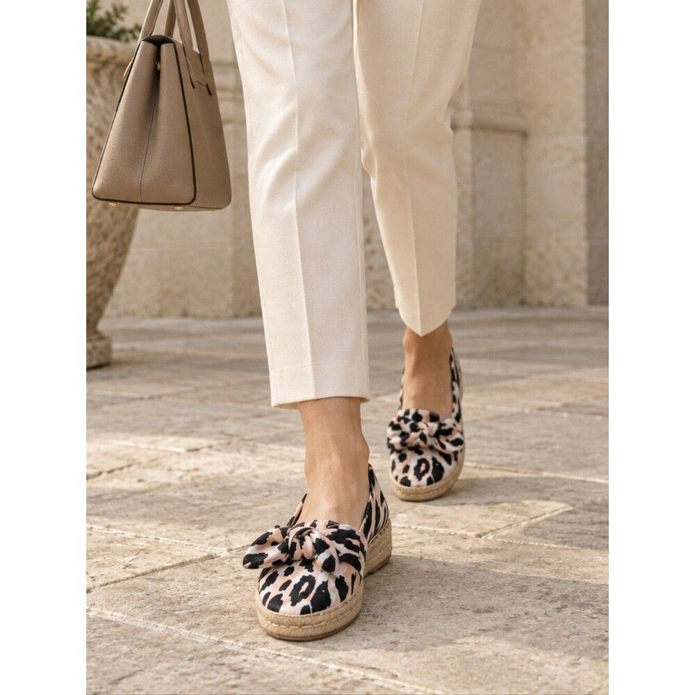 Antonio Melani Leopard Print Leather Bow Espadrilles 5.5 Peach Black Cottagecore